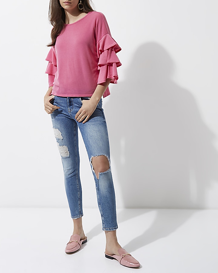 Pink knit frill sleeve top