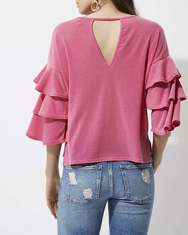 Pink knit frill sleeve top