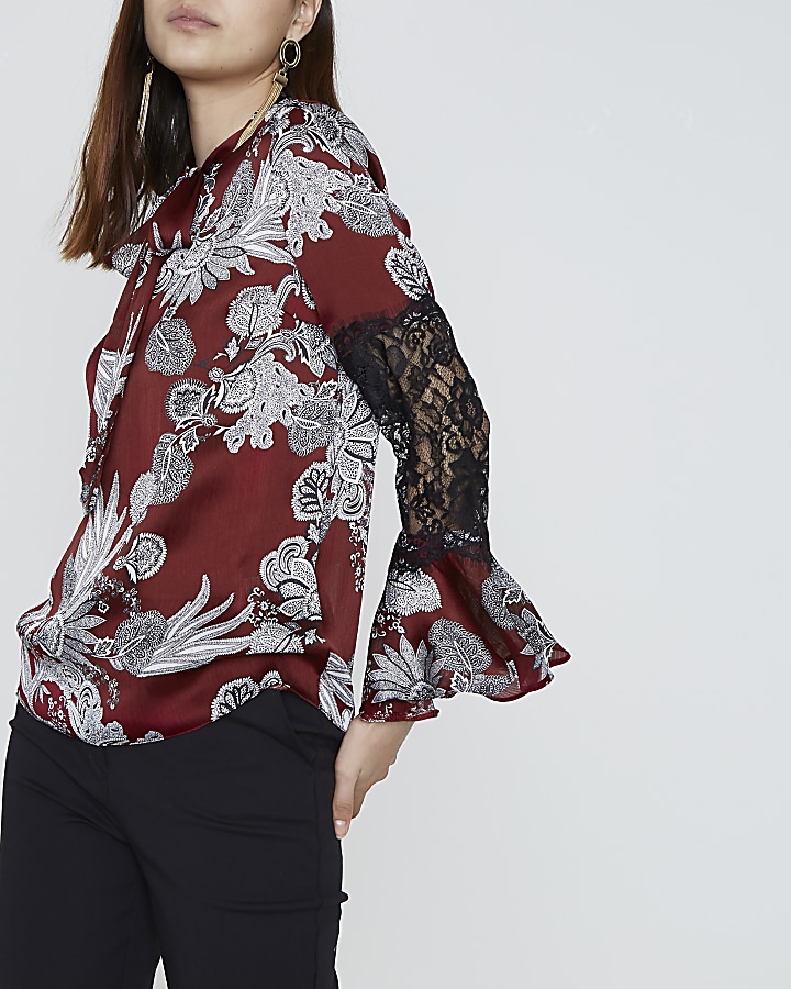 Red floral print lace insert blouse