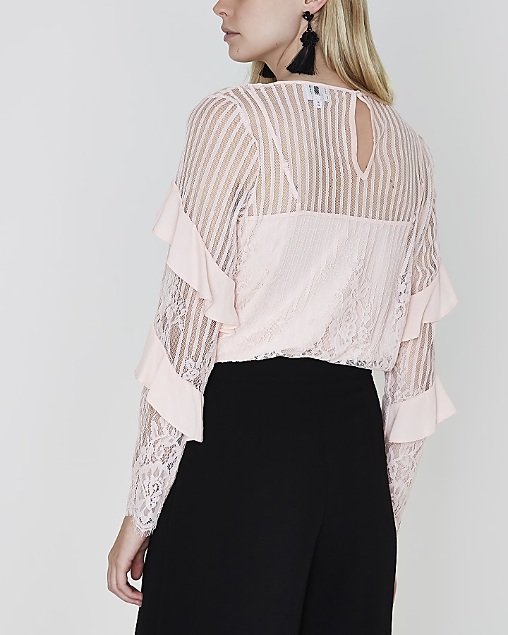 Light pink lace mesh long sleeve top