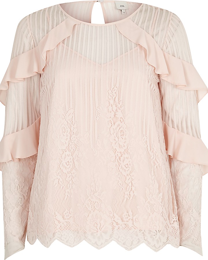 Light pink lace mesh long sleeve top