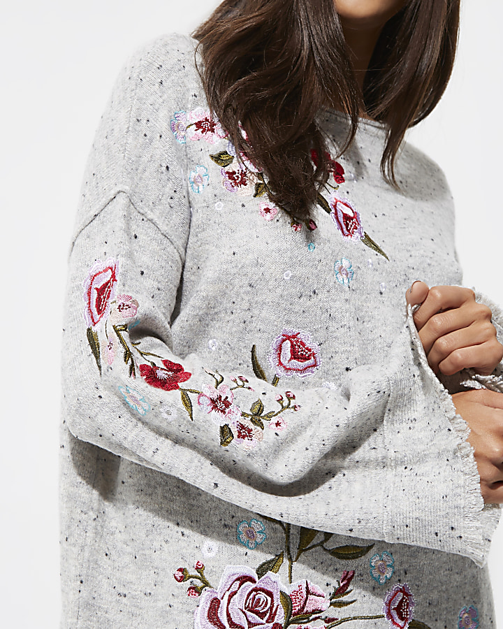 Grey floral embroidered jumper