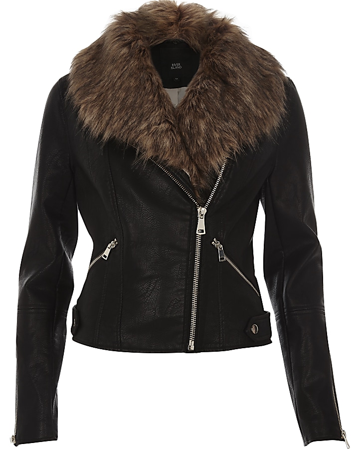 Black faux fur collar biker jacket