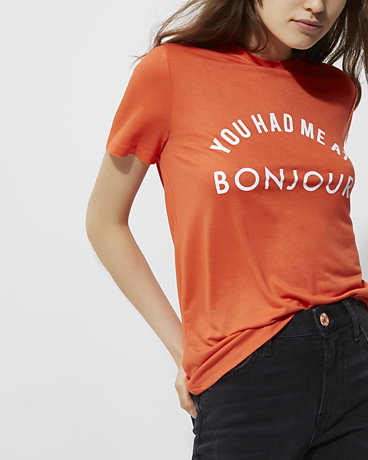 Red ‘Bonjour’ print fitted T-shirt