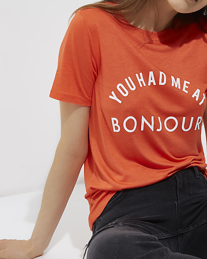 Red ‘Bonjour’ print fitted T-shirt