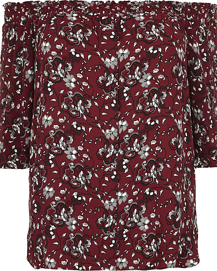 Plus red floral print shirred bardot shirt