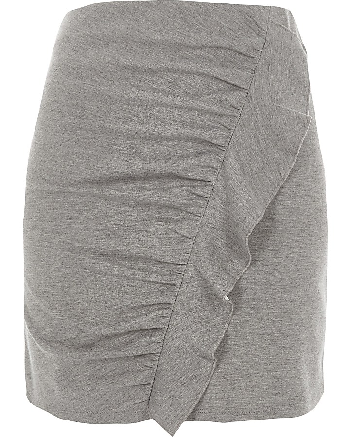 Grey marl frill front ruched mini skirt