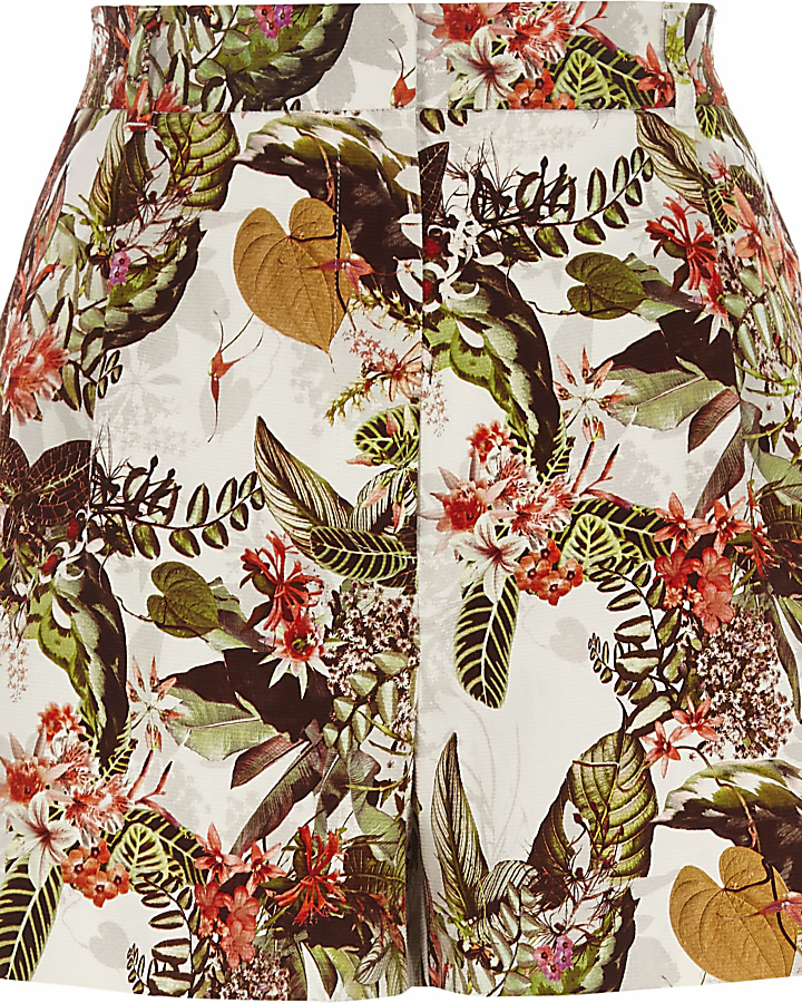 White tropical floral print smart shorts