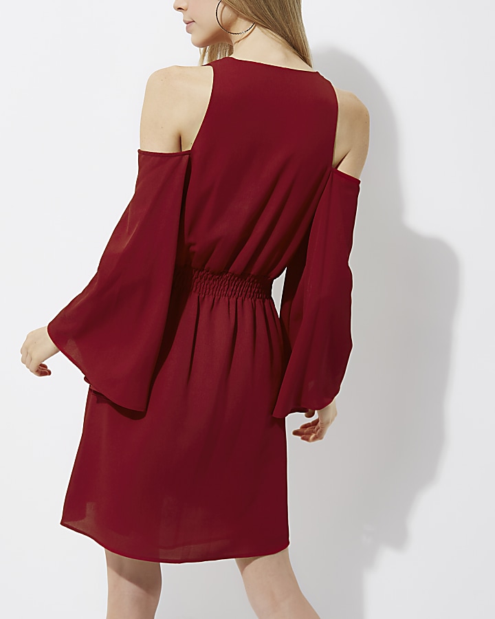 Dark red cold shoulder flare sleeve dress