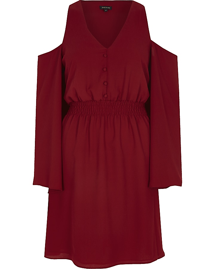 Dark red cold shoulder flare sleeve dress