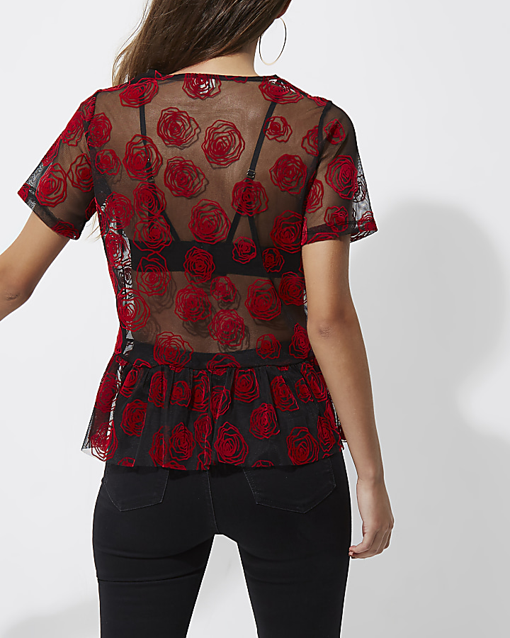 Red rose print mesh peplum T-shirt