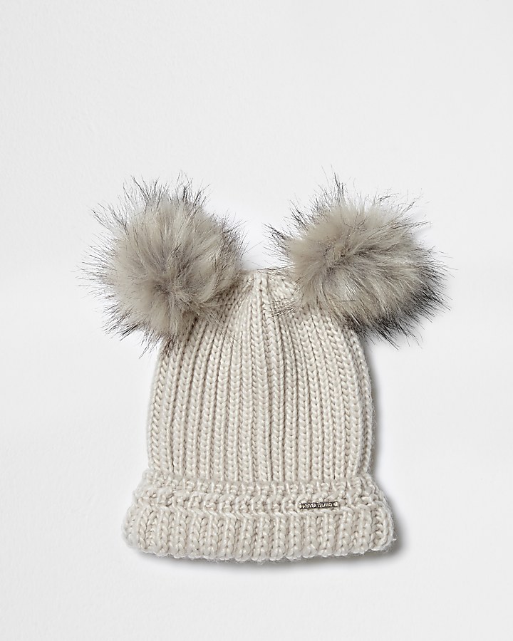 Cream double bobble knit beanie hat