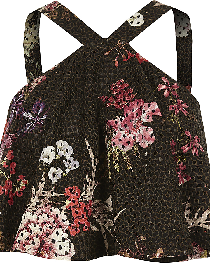 Black floral print cross neck lace crop top
