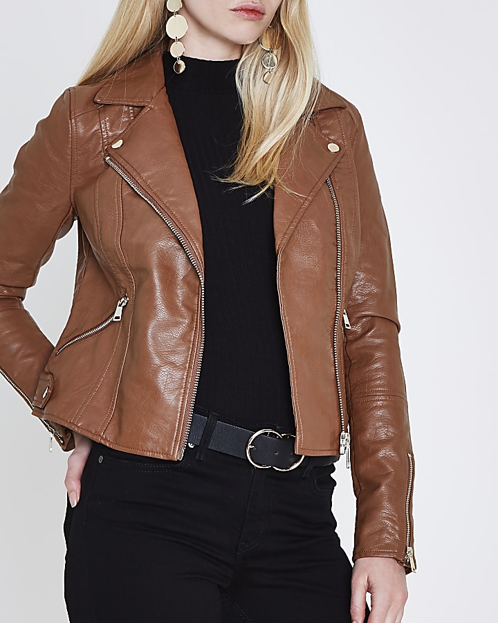 Tan faux leather biker jacket