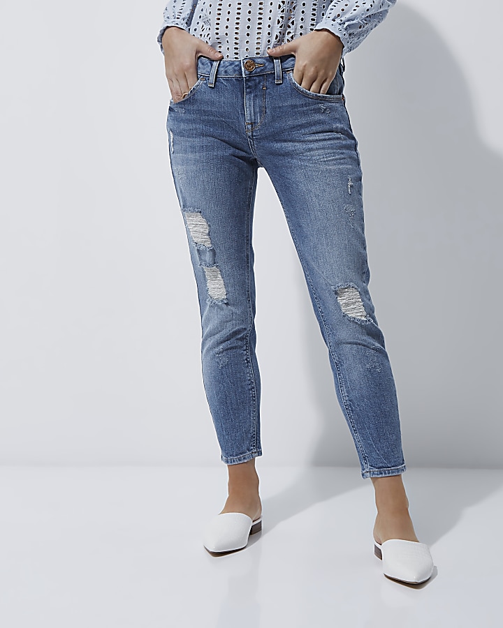 Petite blue Alannah rip relaxed skinny jeans