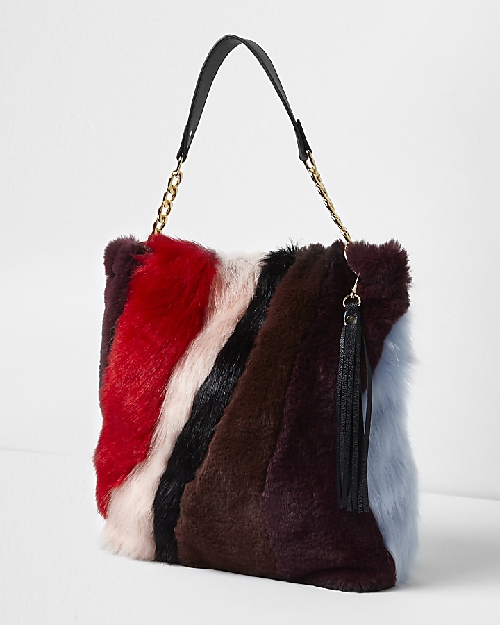 Red faux fur slouch chain bag