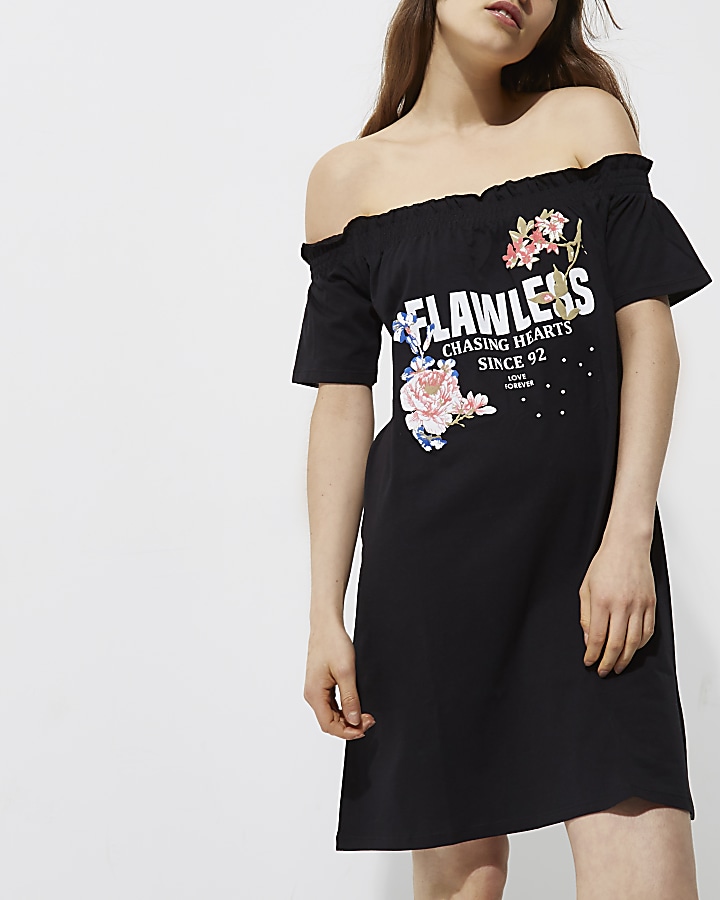 Black 'flawless' print oversized bardot top