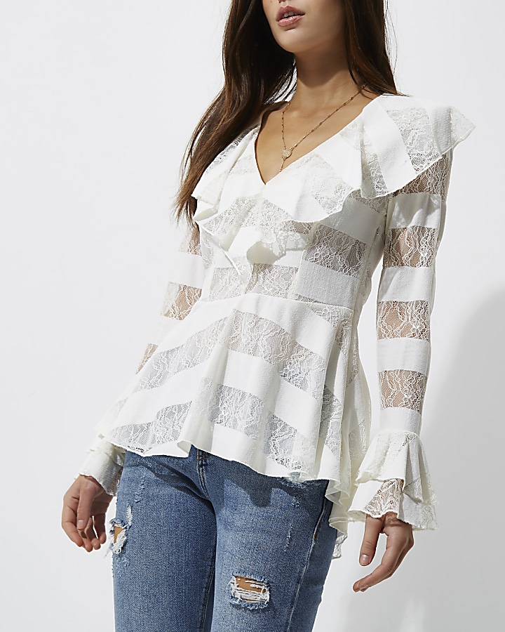 Cream lace frill sleeve top