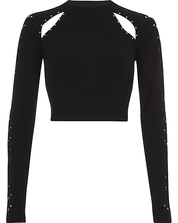 Black knit cut out studded crop top