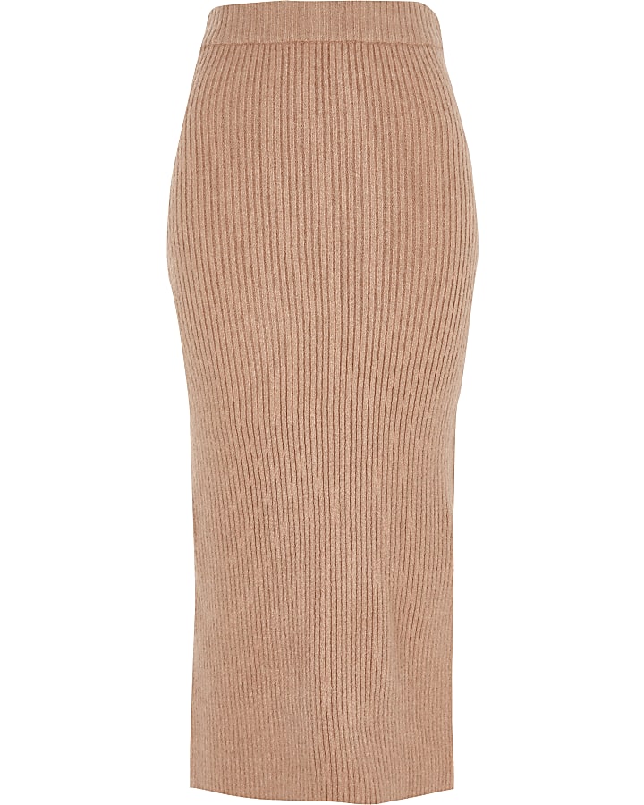 Pink rib knit side split midi skirt