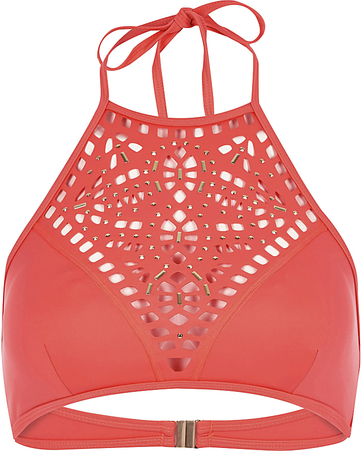 Coral laser cut studded high apex bikini top