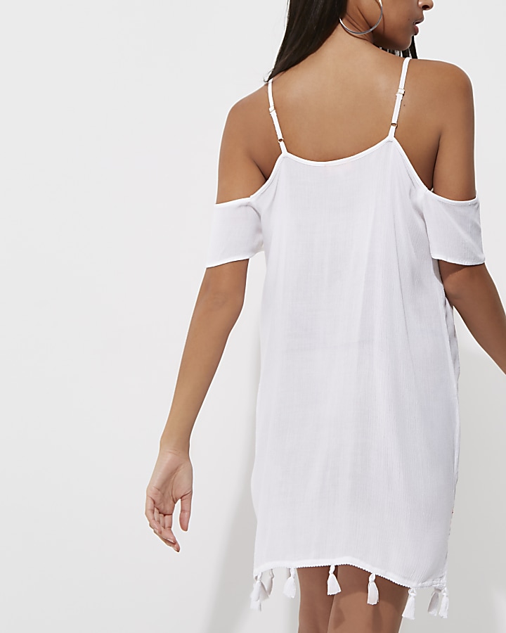 White cold shoulder embroidered dress