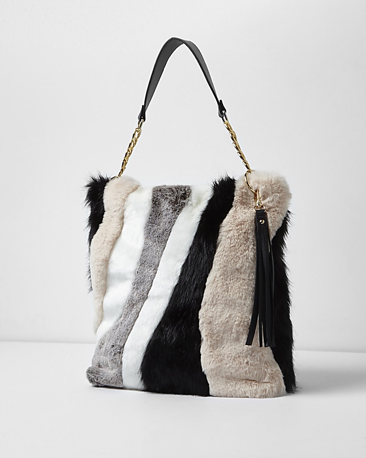 Beige mixed faux fur slouch chain bag