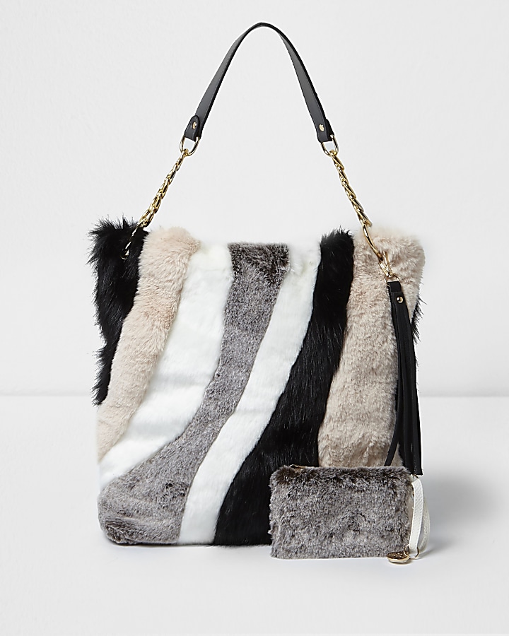 Beige mixed faux fur slouch chain bag