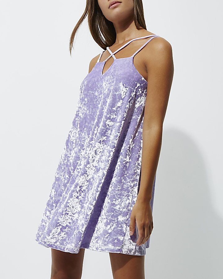 Light purple velvet cross strap slip dress