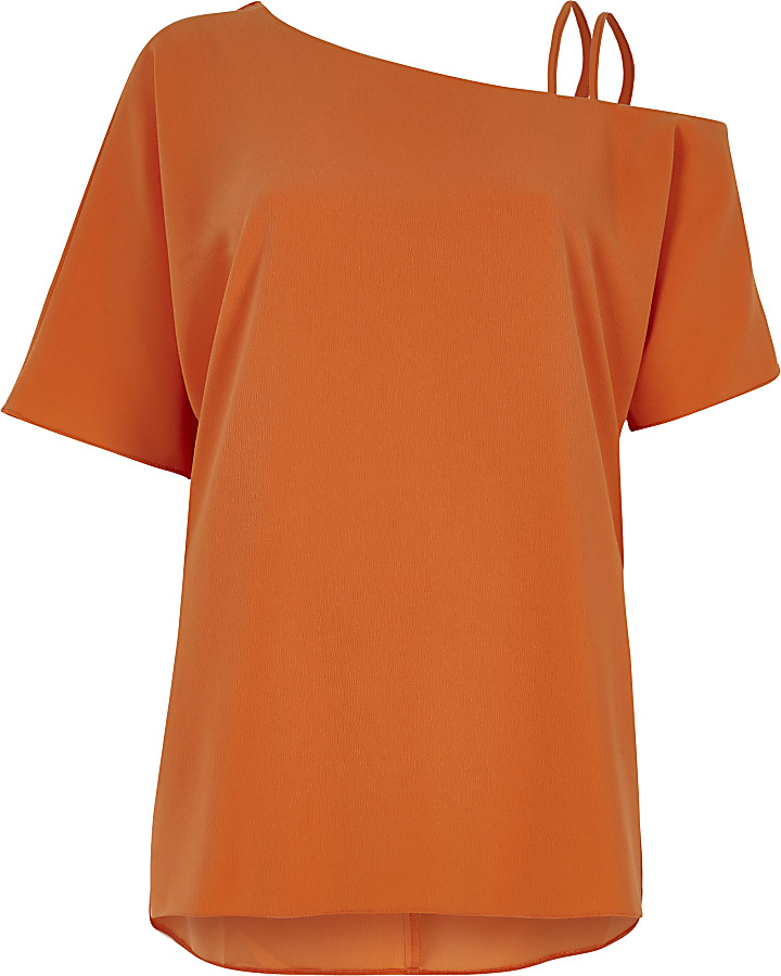 Orange cold shoulder double cami strap top
