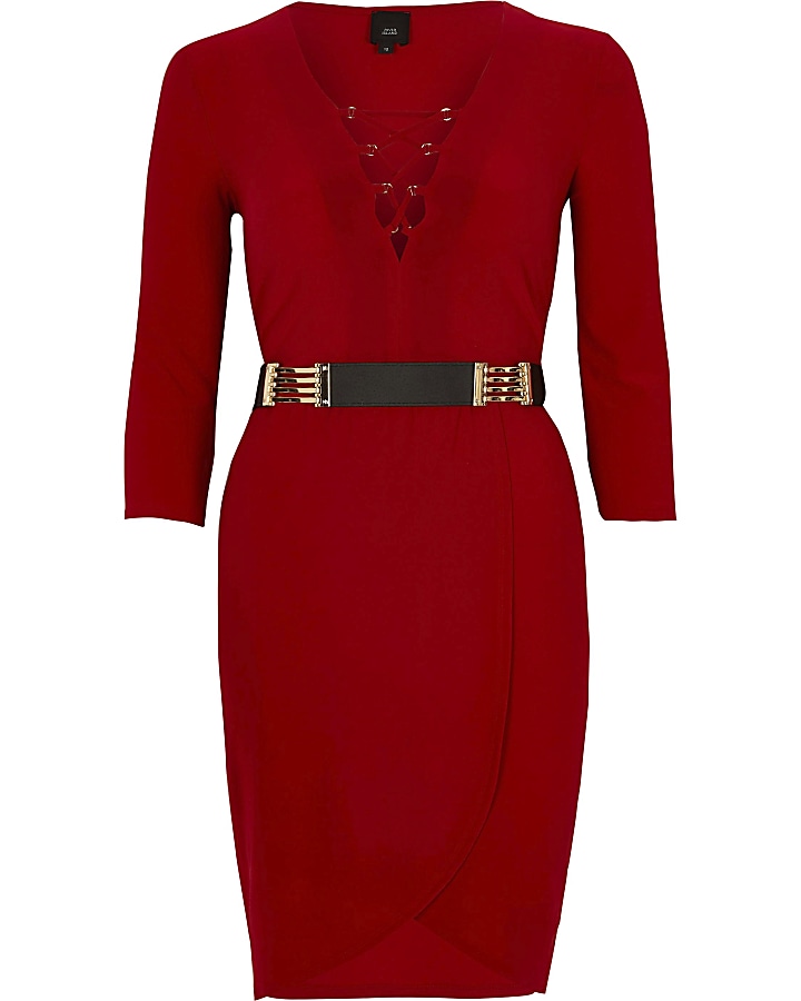 Red lace-up front belted bodycon dress