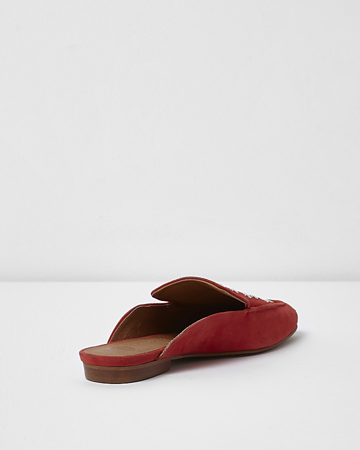 Red suede studded backless loafers