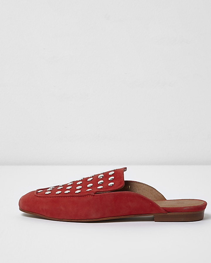 Red suede studded backless loafers