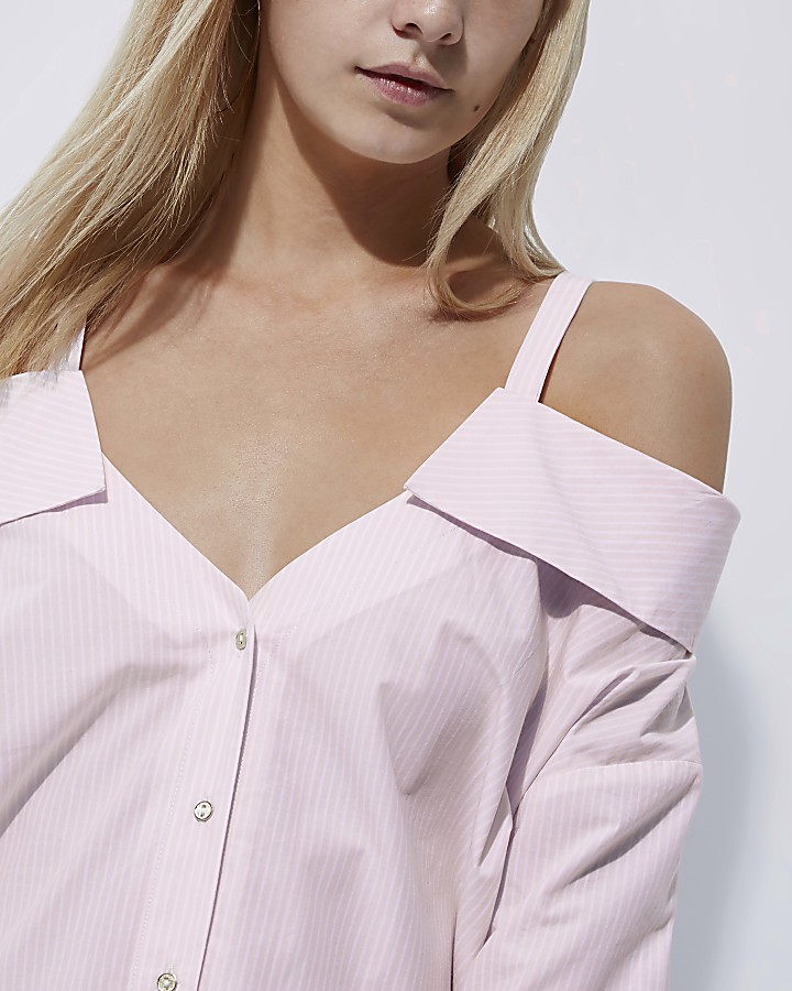 Petite pink stripe cold shoulder shirt