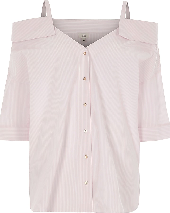 Petite pink stripe cold shoulder shirt