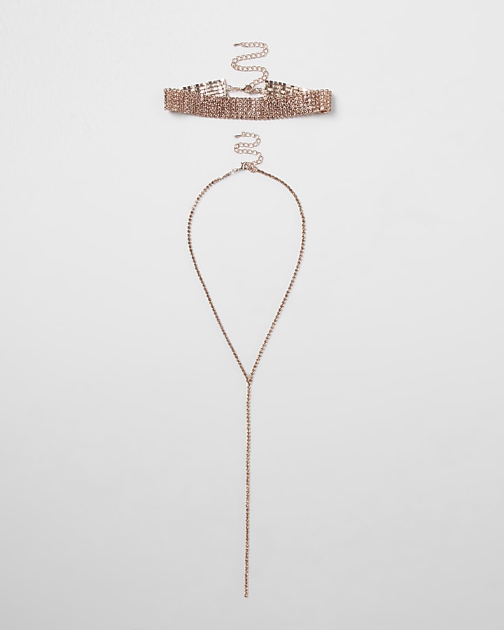 Rose gold tone diamante choker necklace set
