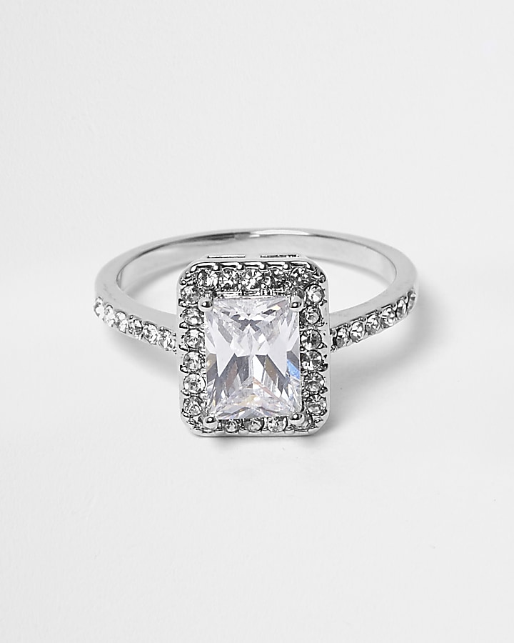 Silver tone rectangle diamante ring