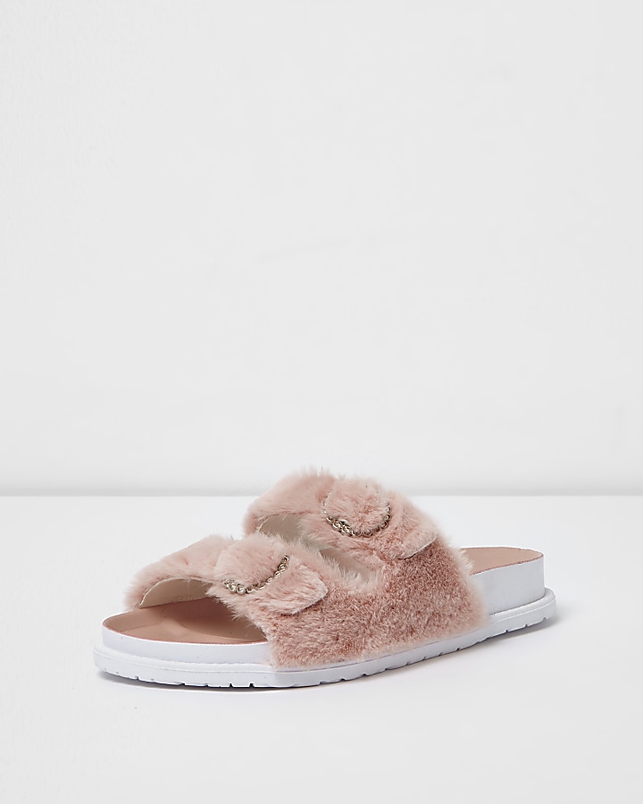 Pink faux fur strap sandals