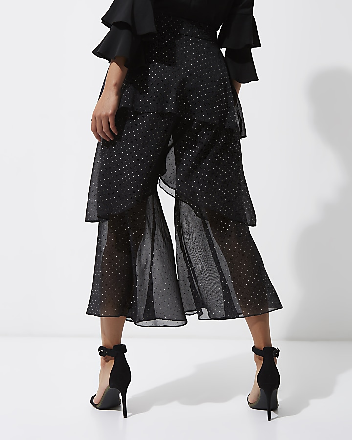 Black chiffon spotted tiered trousers