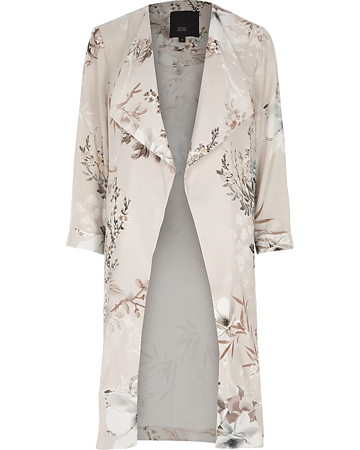 Grey floral print side split duster coat