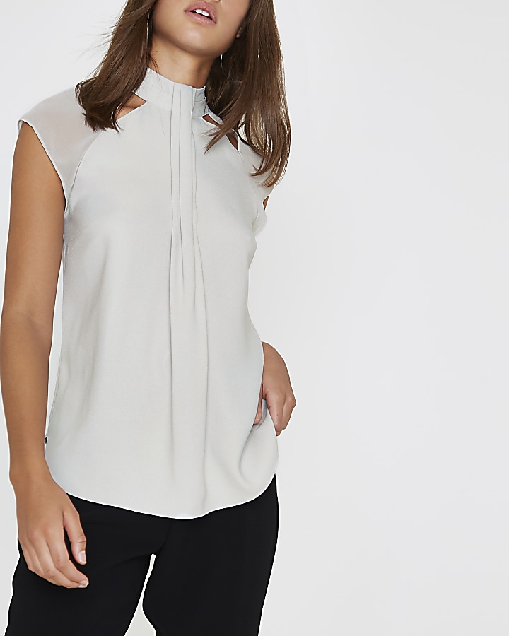 Light grey high neck pleat front top