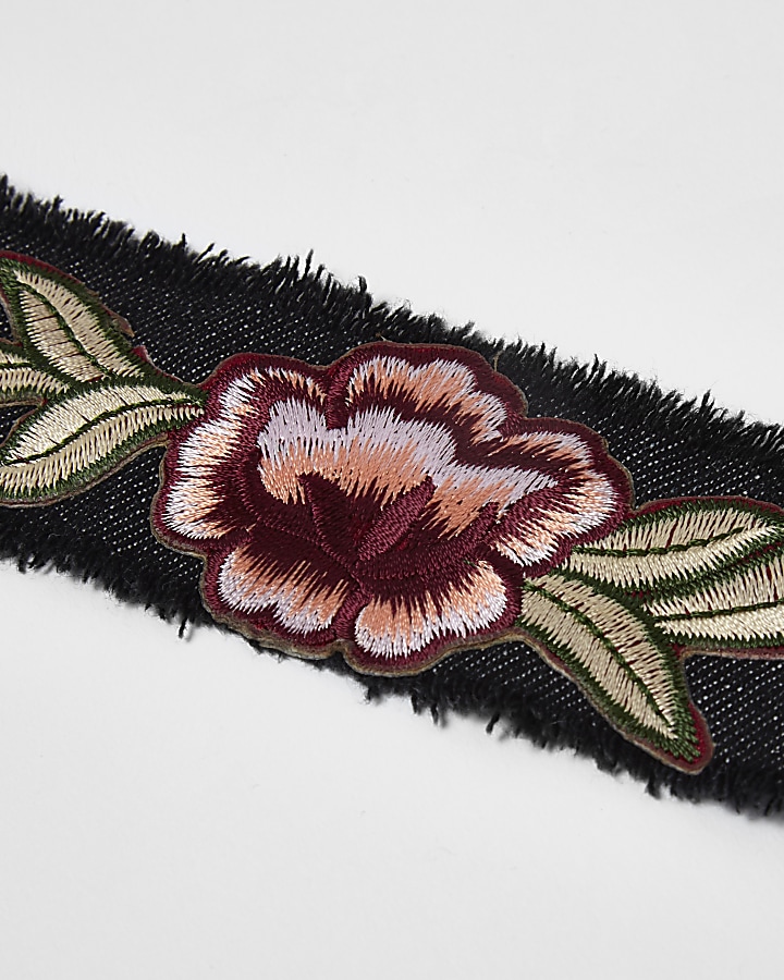 Black denim floral embroidered choker