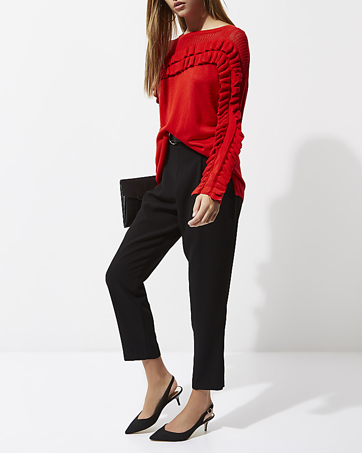 Red knit frill front jumper