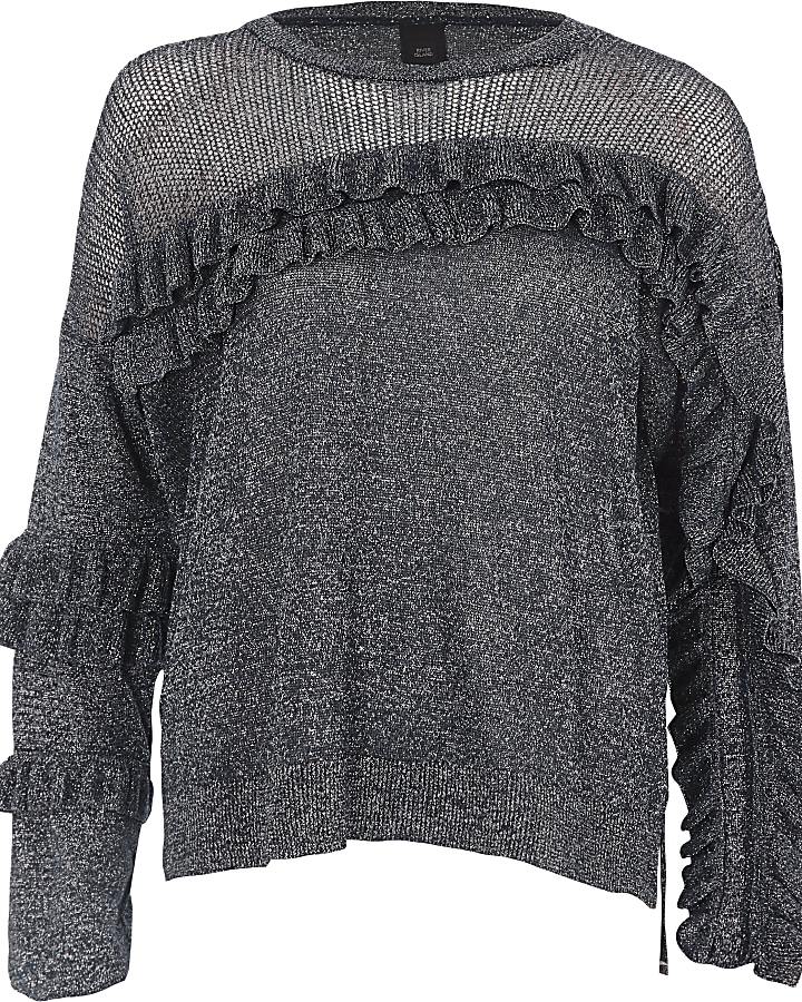 Dark silver metallic knit frill front jumper