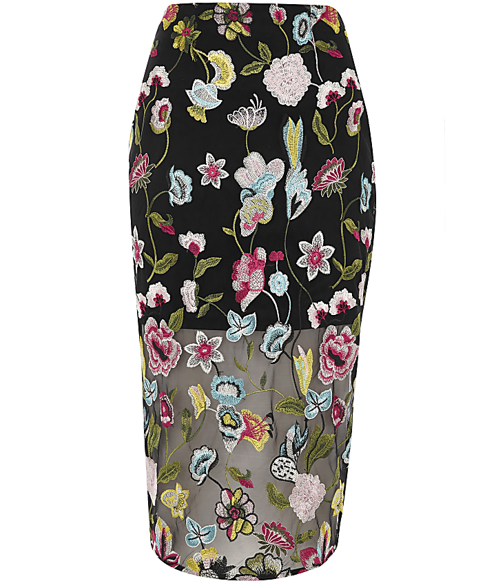 Black floral embroidered midi pencil skirt