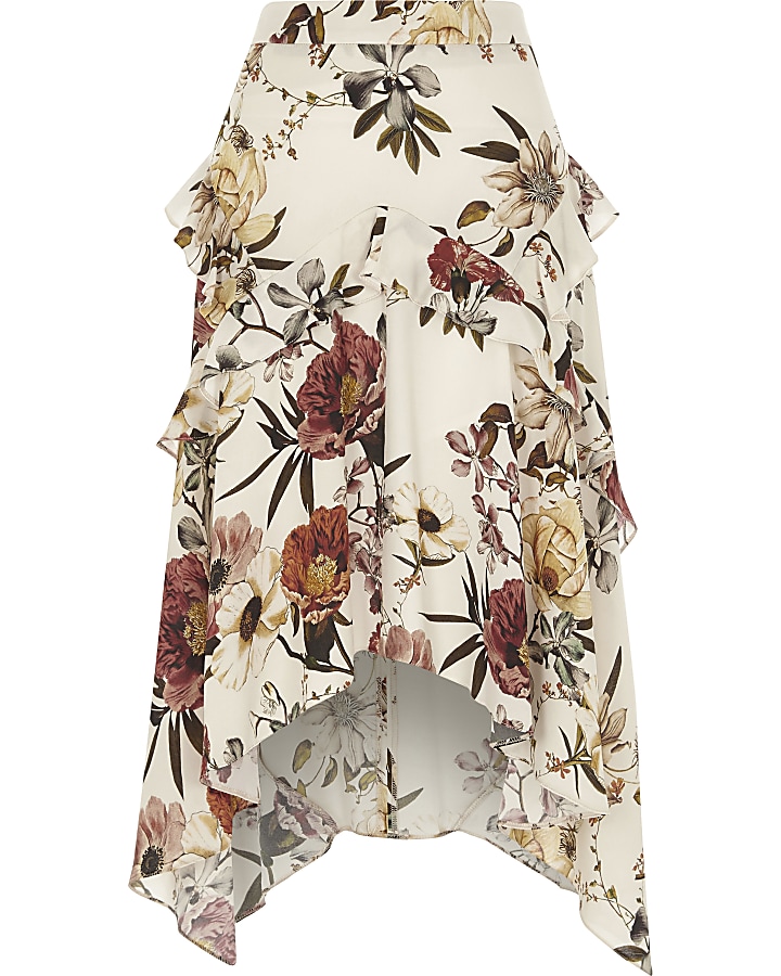Cream floral frill asymmetric hem midi skirt