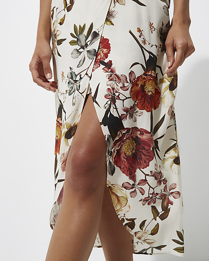 Cream floral print wrap front midi skirt