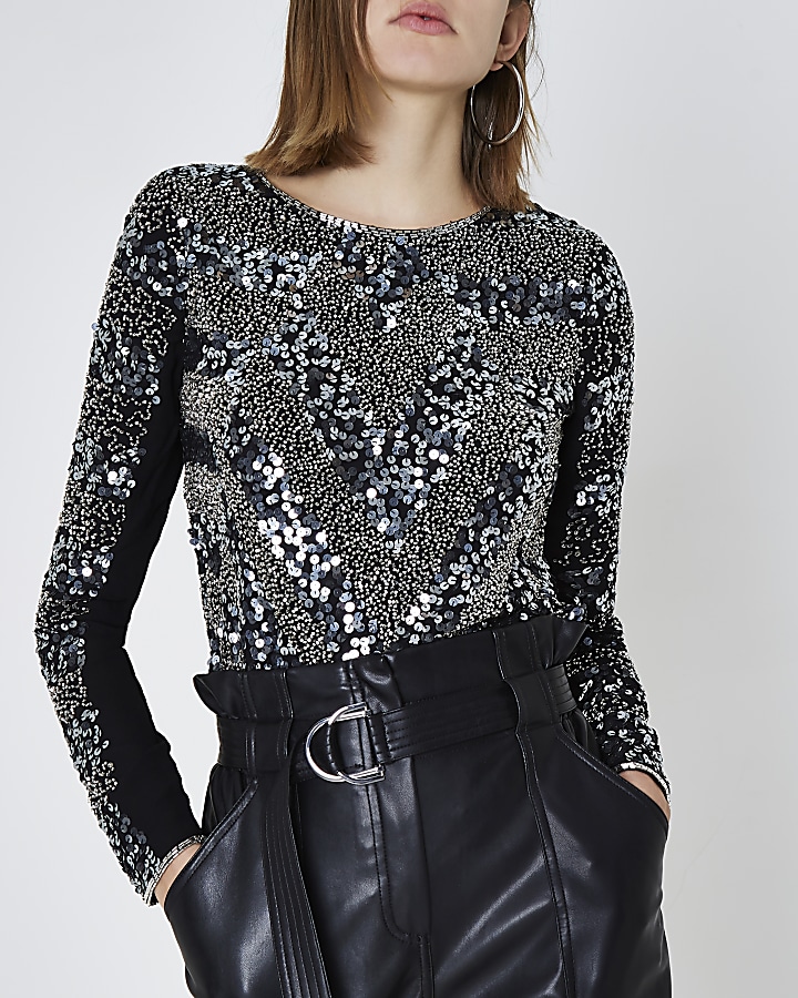 Black sequin embellished long sleeve top
