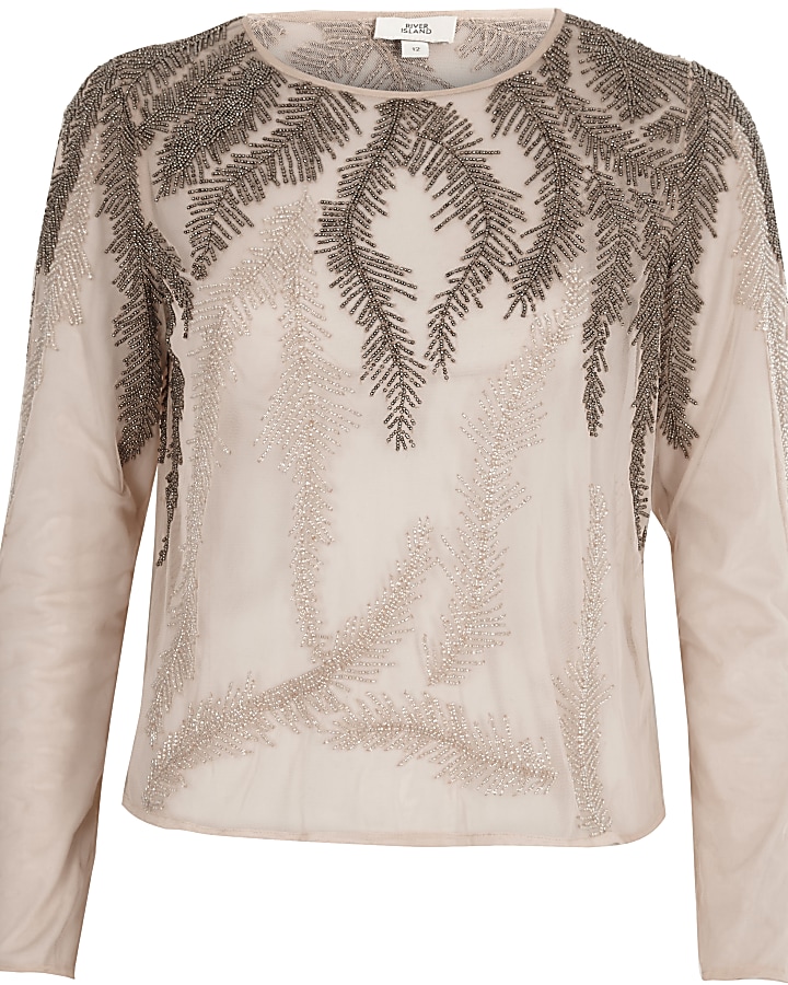 Pink feather embroidered long sleeve top