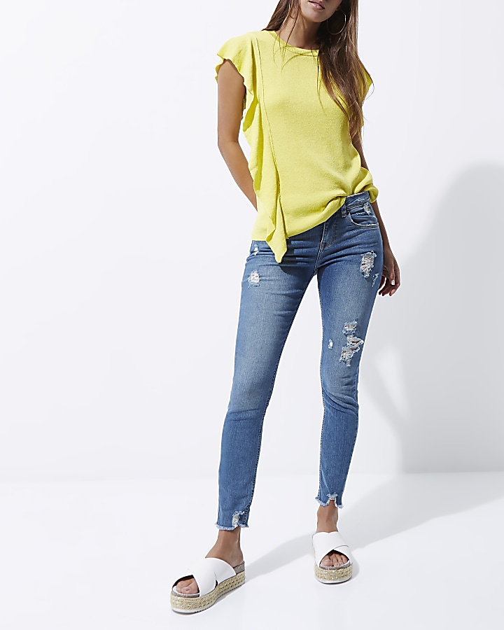 Bright yellow frill front knitted top
